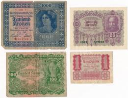 Ausztria 1922. 1K + 20K + 100K + 1000K T:II,III Austria 1922. 1 Krone + 20 Kronen + 100 Kronen + 1000 Kronen C:XF,F Krause#73,76,77,78