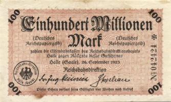 Német Birodalom/Weimari Köztársaság/Német Birodalmi Vasutak/Halle 1923. 100.000.000M T:II-