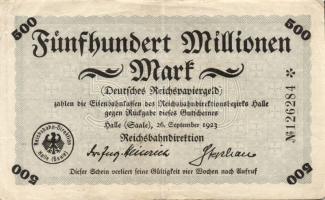 Német Birodalom/Weimari Köztársaság/Német Birodalmi Vasutak/Halle 1923. 500.000.000M T:II/III+