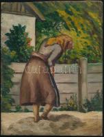 Jelzés nélkül: Kertben dolgozó nő. Olaj, karton, 25,5x19,5 cm