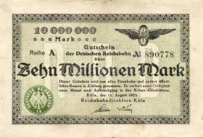Német Birodalom/Weimari Köztársaság/Német Birodalmi Vasutak/Köln 1923. 10.000.000M vízjel variáns T:II-