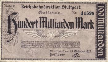 Német Birodalom/Weimari Köztársaság/Német Birodalmi Vasutak/Stuttgart(Württemberg) 1923. 100.000.000.000M "Reihe 2" T:III