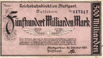 Német Birodalom/Weimari Köztársaság/Német Birodalmi Vasutak/Stuttgart(Württemberg) 1923. 500.000.000.000M "Reihe 1" T:III/III+