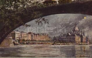 1930 Budapest V. Országház, Parlament, villamos a Margit hídon s: Gerhardt Alajosné (EK)