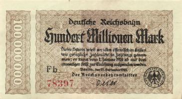 Német Birodalom/Weimari Köztársaság/Német Birodalmi Vasutak/Berlin 1923. 100.000.000M sorszám variáns T:I- Pici sarokhajlás!