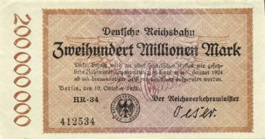 Német Birodalom/Weimari Köztársaság/Német Birodalmi Vasutak/Berlin 1923. 200.000.000M sorszám variáns T:II