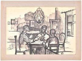 Jelzés nélkül: Hárman az asztalnál, kártyázók. Tus, papír, paszpartuban, 39,5x59,5 cm