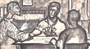 Jelzés nélkül: Hárman az asztalnál, kártyázók. Tus, papír, paszpartuban, 39,5x59,5 cm