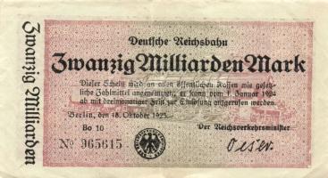 Német Birodalom/Weimari Köztársaság/Német Birodalmi Vasutak/Berlin 1923. 20.000.000.000M sorszám variáns T:II