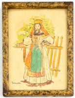 Toroczkó jelzéssel: Népviseletes hölgy. Tus, akvarell, papír, üvegezett fa keretben, 15x10,5 cm