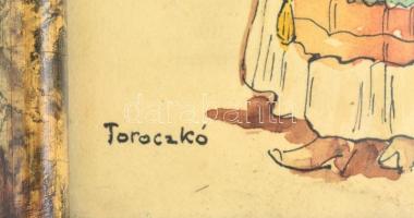 Toroczkó jelzéssel: Népviseletes hölgy. Tus, akvarell, papír, üvegezett fa keretben, 15x10,5 cm