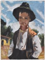 Olvashatatlan jelzéssel: Cigarettázó csavargó fiú. Olaj, farost, hátoldalán jelzett, datált és felir...