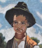 Olvashatatlan jelzéssel: Cigarettázó csavargó fiú. Olaj, farost, hátoldalán jelzett, datált és felir...