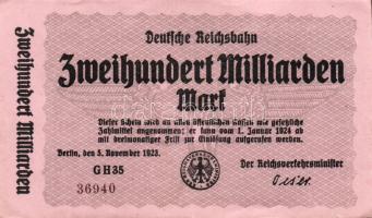 Német Birodalom/Weimari Köztársaság/Német Birodalmi Vasutak/Berlin 1923. 200.000.000.000M T:I-