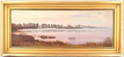 Bodor Miklós (1925-2010): Kunfehértó, alkonyat. Olaj, farost, jelzett, fa keretben. 30×80 cm