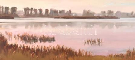 Bodor Miklós (1925-2010): Kunfehértó, alkonyat. Olaj, farost, jelzett, fa keretben. 30×80 cm