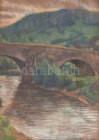Kiszely Á 1918 jelzéssel: Híd. Kréta, karton, üvegezett fa keretben, 32×24 cm