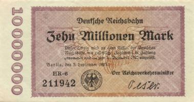 Német Birodalom/Weimari Köztársaság/Német Birodalmi Vasutak/Berlin 1923. 10.000.000M (2x) klf szériabetű,ill. szériaszám T:II