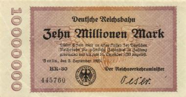 Német Birodalom/Weimari Köztársaság/Német Birodalmi Vasutak/Berlin 1923. 10.000.000M (2x) klf szériabetű,ill. szériaszám T:I,I-