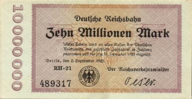 Német Birodalom/Weimari Köztársaság/Német Birodalmi Vasutak/Berlin 1923. 10.000.000M (2x) klf széria...