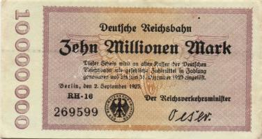 Német Birodalom/Weimari Köztársaság/Német Birodalmi Vasutak/Berlin 1923. 10.000.000M (2x) klf szériabetű,ill. szériaszám T:I,I-