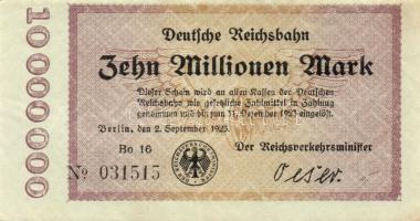 Német Birodalom/Weimari Köztársaság/Német Birodalmi Vasutak/Berlin 1923. 10.000.000M (2x) klf széria...