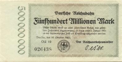 Német Birodalom/Weimari Köztársaság/Német Birodalmi Vasutak/Berlin 1923. 500.000.000M (2x) klf szériabetűkkel T:II,II+