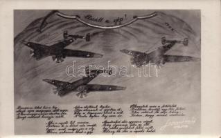 1942 Elszáll a gép! Honvéd második világháborús művészlap katonai repülőgépekkel / WWII Hungarian military aircraft art postcard