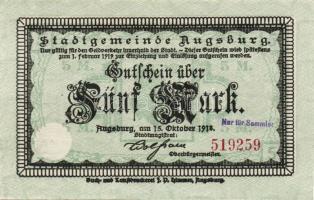 Német Birodalom/Császárság/Augsburg 1918. 5M hivatalos érvénytelenítéssel T:I