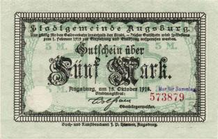 Német Birodalom/Császárság/Augsburg 1918. 5M hivatalos érvénytelenítéssel T:I