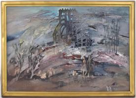 Babos László (1947-): Műemlék. Olaj, farost, hátoldalán Képcsarnok Vállalat címkéjével, fa keretben,...