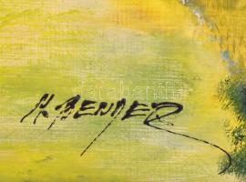 M. Bender 2016 jelzéssel: Tájkép. Olaj, farost, fehér fa keretben, hátulján is jelzett, 38,5x58 cm