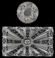 Csiszolt ólomkristály hamutál és tálca, jelzetlen, apró kopásokkal, csorbával, d: 12,5 cm, 17,5x29,5 cm