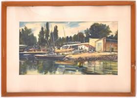 Bóka Dezső (1935-): Siófoki hajó-javító. Akvarell, papír, jelzett és datált (Bóka D. 977), üvegezett...