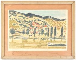 B. Séday Mária (1925-2009): Dunai táj. Színes linómetszet, papír, jelzett, lap alja kissé foltos, üv...