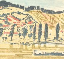 B. Séday Mária (1925-2009): Dunai táj. Színes linómetszet, papír, jelzett, lap alja kissé foltos, üv...