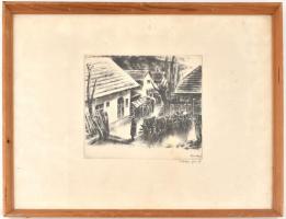 Kórusz József (1927-2010): Udvar. Rézkarc, papír, kissé foltos, jelzett, üvegezett fa keretben, 22,5...