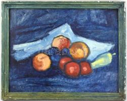 Egyeki Aladár (?-): Csendélet kékben. Olaj, farost, fa keretben, 37×49,5 cm