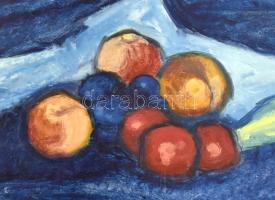 Egyeki Aladár (?-): Csendélet kékben. Olaj, farost, fa keretben, 37×49,5 cm