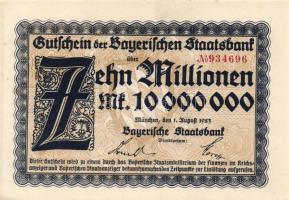 Német Birodalom/Weimari Köztársaság/Bajorország/Bayerischen Staatsbank, München 1923. 10.000.000M T:I