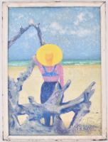 Egyeki Aladár (?-): Strandon. Olaj, farost, jelzett, fa keretben, 53,5×39,5 cm