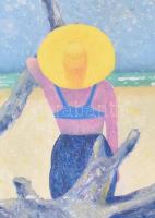 Egyeki Aladár (?-): Strandon. Olaj, farost, jelzett, fa keretben, 53,5×39,5 cm