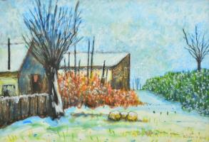 Egyeki Aladár (?-): Faluszéle télen. Akvarell, papír, jelzett, üvegezett fa keretben, 33,5×48 cm