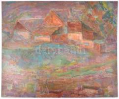 Meggyes László (1928-2003): Házak vízparton (Tisza Szolnoknál?). Olaj, farost jelzett, hátoldalán Ké...