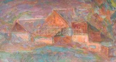 Meggyes László (1928-2003): Házak vízparton (Tisza Szolnoknál?). Olaj, farost jelzett, hátoldalán Ké...