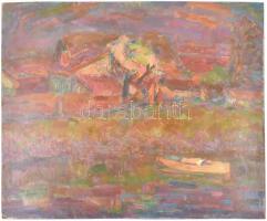 Meggyes László (1928-2003): Emberek a vízparton (Tisza?). Olaj, farost jelzett, hátoldalán Képcsarno...