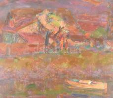 Meggyes László (1928-2003): Emberek a vízparton (Tisza?). Olaj, farost jelzett, hátoldalán Képcsarno...