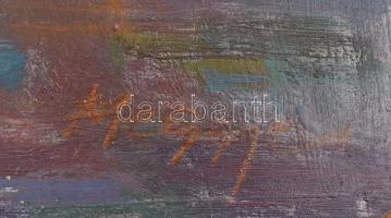 Meggyes László (1928-2003): Emberek a vízparton (Tisza?). Olaj, farost jelzett, hátoldalán Képcsarno...