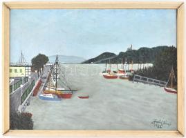 Zsuppán József (?-): Balatonfüredi hajóállomás. Olaj, vászon, jelzett, hátoldalán címkével feliratoz...