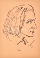 Jergel György (?-): Liszt Ferenc portréja. Filctoll, papír, jelzett, lap felső része sérült, grafika ép, 43×30 cm